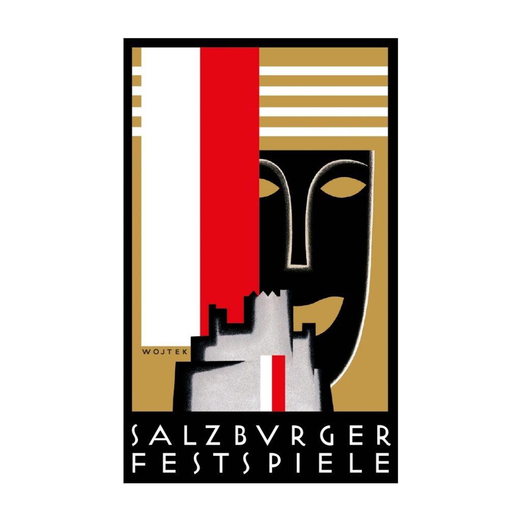 Abstraktes Plakat für die Salzburger Festspiele zeigt Wirtschaftskooperationen mit stilisiertem Gesicht, Streifen und Schloss.