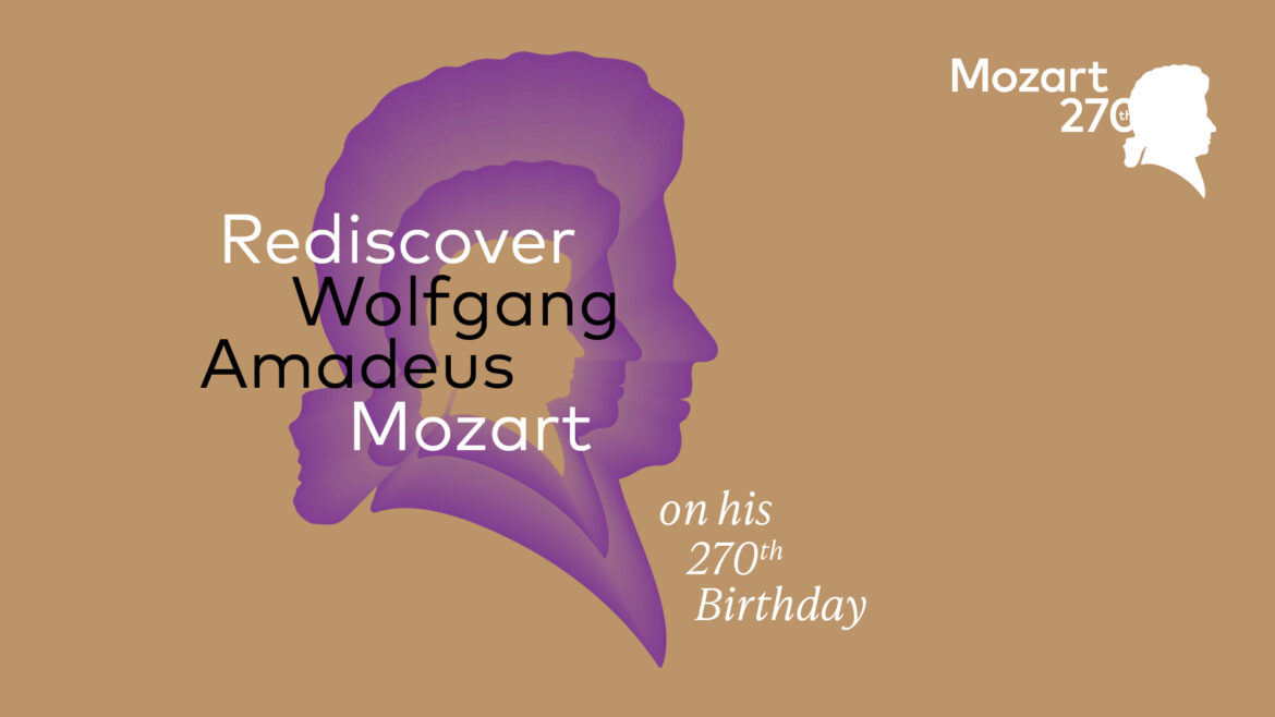 Lila Mozart-Silhouetten mit Text: Entdecken Sie Wolfgang Amadeus Mozart an seinem 270. Geburtstag wieder.