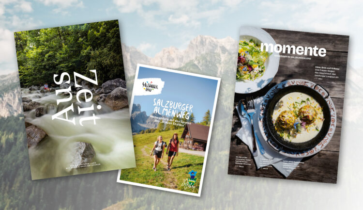 Drei Zeitschriften mit Titelseiten, die einen Fluss, Wanderer in den Bergen und eine Suppenschüssel vor einem unscharfen alpinen Hintergrund zeigen.