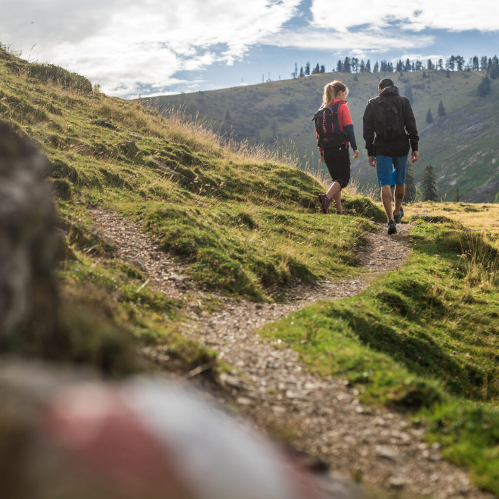 Zwei Wanderer gehen auf einem gewundenen Bergpfad durch grasbewachsenes Gelände unter einem teilweise bewölkten Himmel.