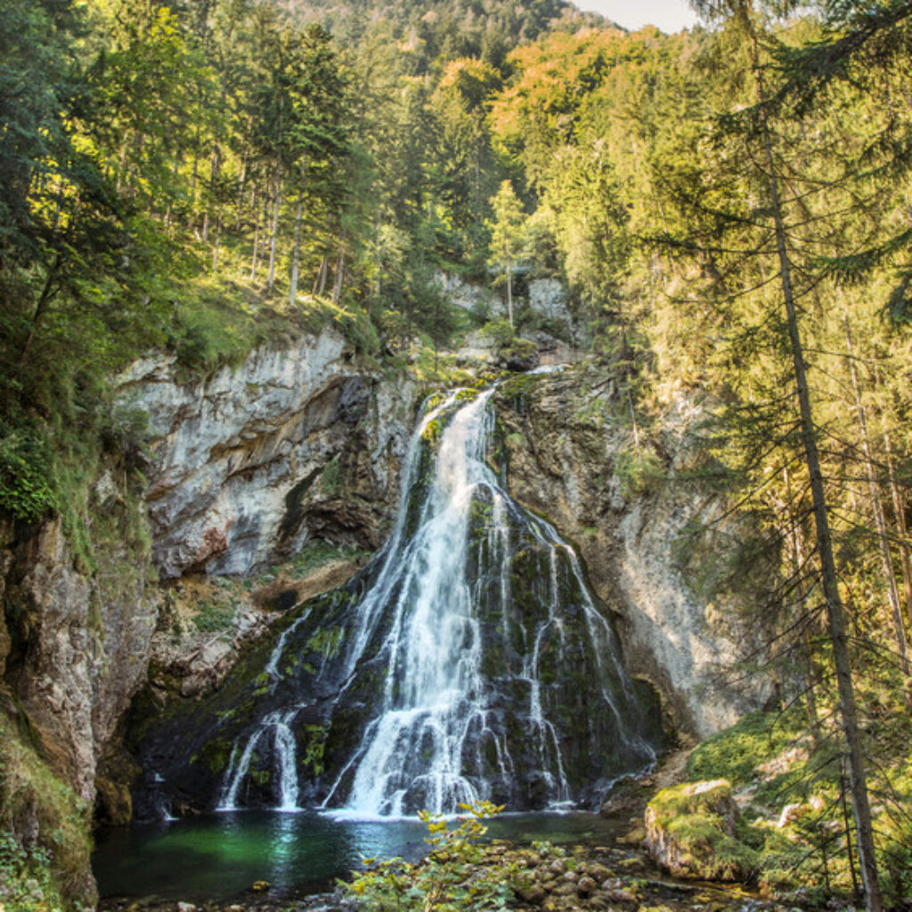 Ein Wasserfall stürzt über Felsen hinab, umgeben von üppig grünen Bäumen und einem bewaldeten Berg im Hintergrund.