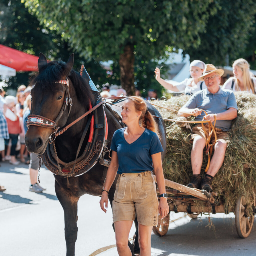 Bei einem sonnigen Open-Air-Festival führt eine Frau ein Pferd, das einen Heuwagen zieht, auf dem Menschen sitzen.