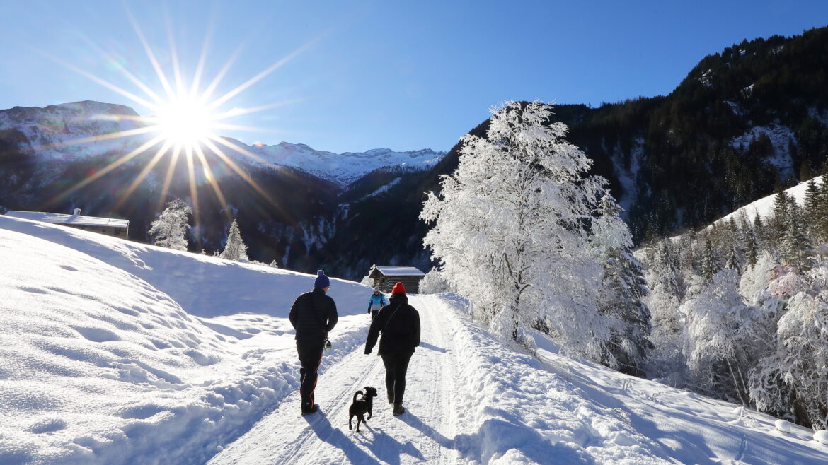 Menschen, die mit einem Hund auf einem verschneiten Weg in Richtung einer kleinen Hütte in den Bergen spazieren gehen.