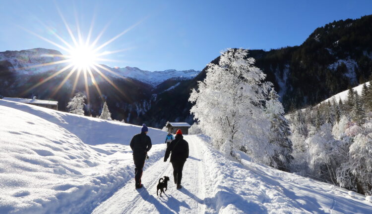 Menschen, die mit einem Hund auf einem verschneiten Weg in Richtung einer kleinen Hütte in den Bergen spazieren gehen.